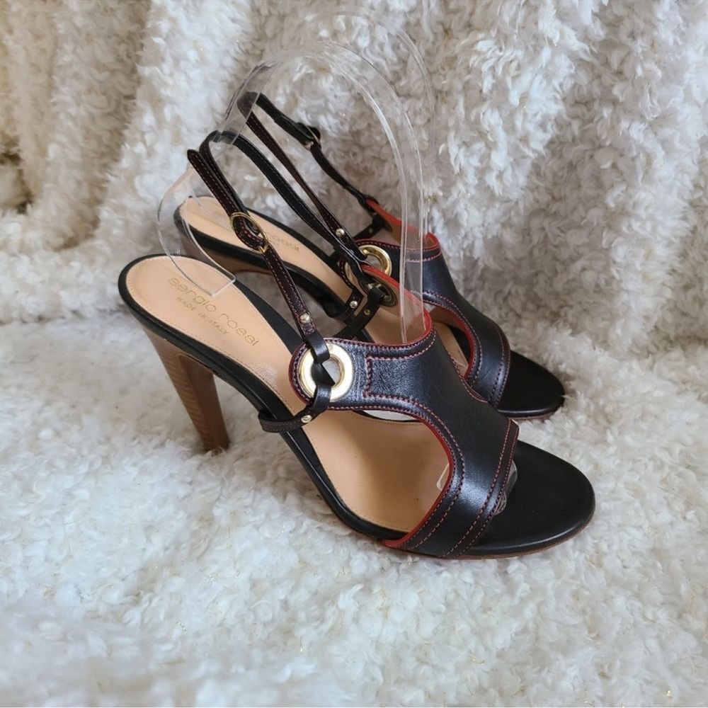 Sergio Rossi Black With Red Accents Strappy Heeled Sandals sz 37.5 - Picture 2 of 8